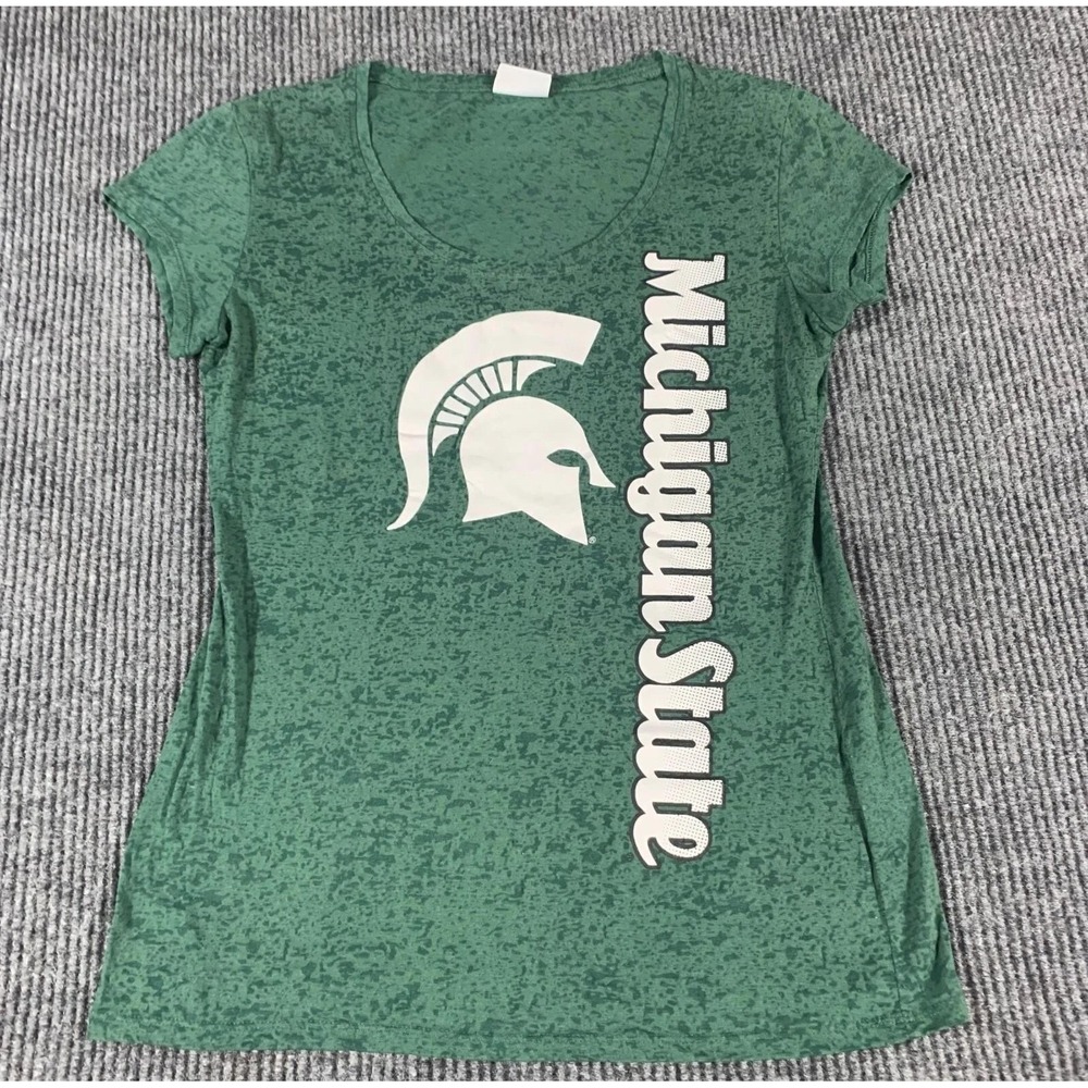 Michigan State Spartans T Shirt Womens Large Green Short Sleeve Partially Sheer